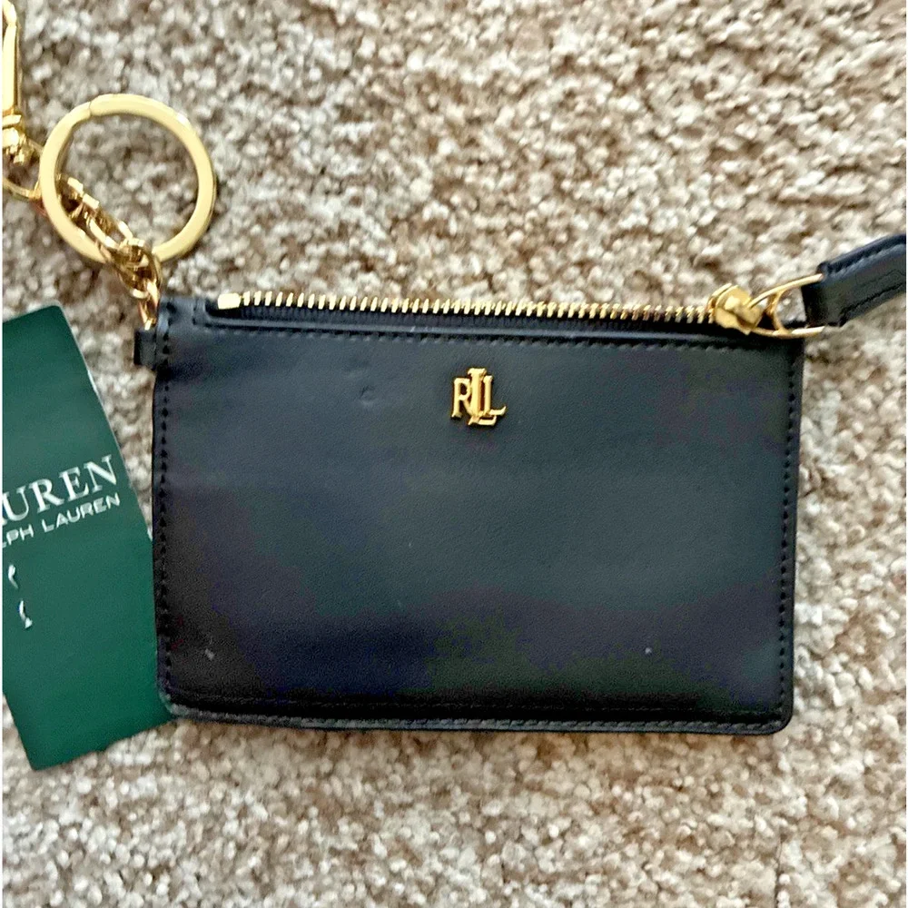 Lauren Ralph Lauren Full-Grain Leather Zip Card Case Keychain BROKEN Zipper